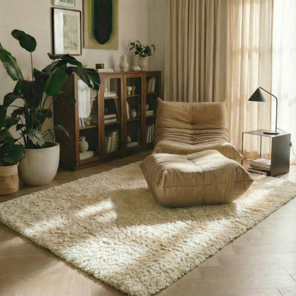 Hoogpolig beige/wit vloerkleed