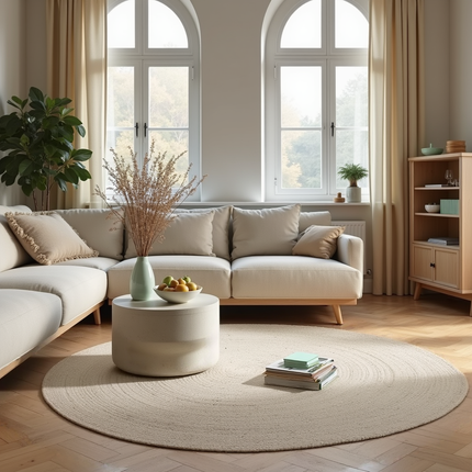 Rond wollen vloerkleed labyrint beige/ivoor gemeleerd