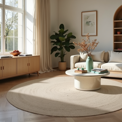 Rond wollen vloerkleed labyrint beige/ivoor gemeleerd